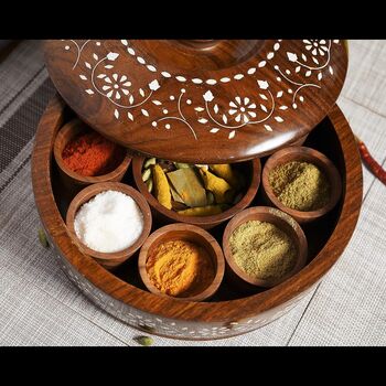 Wooden Handcrafted Round Spice Box With Spoon, 4 of 7