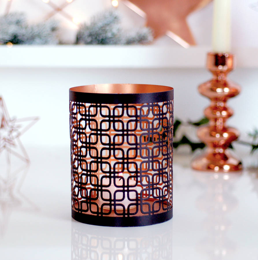 Zinc Copper Geometric Christmas Candle Holder Lantern By The Luxe Co