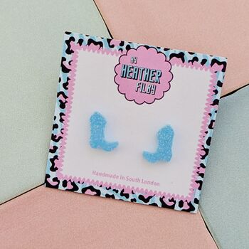 Cowboy Boot Glitter Resin Stud Earrings Pink, Blue And Silver, 7 of 12