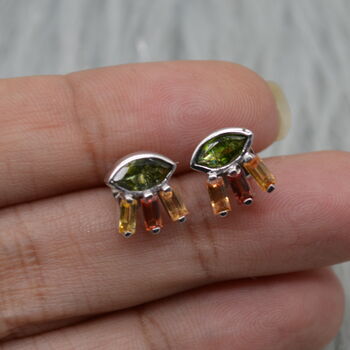 Green Tourmaline Stud Earrings: Silver, Red,Orange Drop, 3 of 6