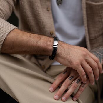 Men’s Adjustable Black Double Leather Bracelet – 12mm Woven Design With Stainless Steel Clasp, 5 of 9