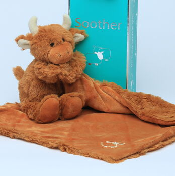 Personalised Highland Brown Cow Toy Baby Comforter, 2 of 11