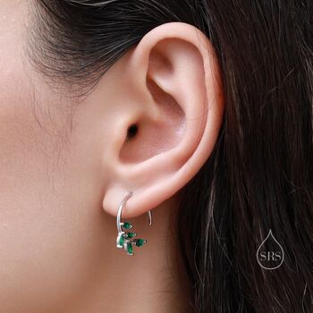 Cz Leaf Open Hoop Earrings In Sterling Silver, 4 of 10