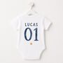 Personalised First World Cup Babygrow / Baby Bodysuit Football, thumbnail 3 of 4