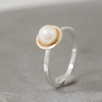 Silver And 9ct Gold Pearl Ring. Dainty Stacking Ring, 7 of 10