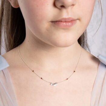 Kids Sterling Silver Bird And Rose Gold Hearts Necklace, 6 of 6