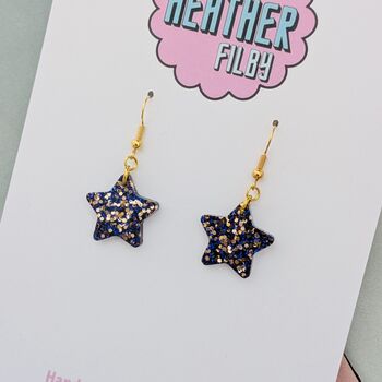 Sparkly Small Star Glitter Christmas Earrings Blue And Red, 2 of 8