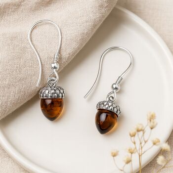 Sterling Silver Baltic Amber Acorn Drop Earrings, 2 of 4