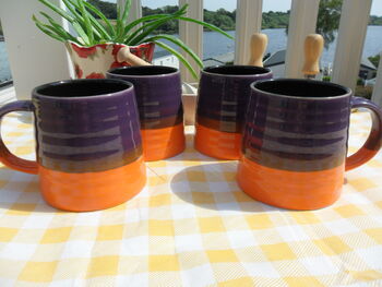 Set Of Four Reactive Glaze Brûlée Mugs In Purple And Orange, 2 of 8