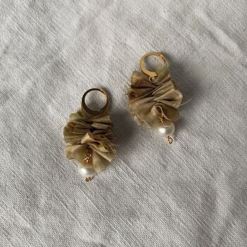 Eco Printed Silk Ruffle Pearl Earrings, 4 of 10