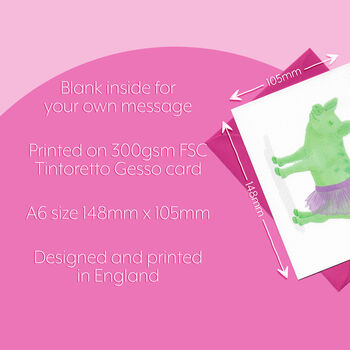 Green Ballerina Pig Illustrated Blank Greeting Card, 8 of 11