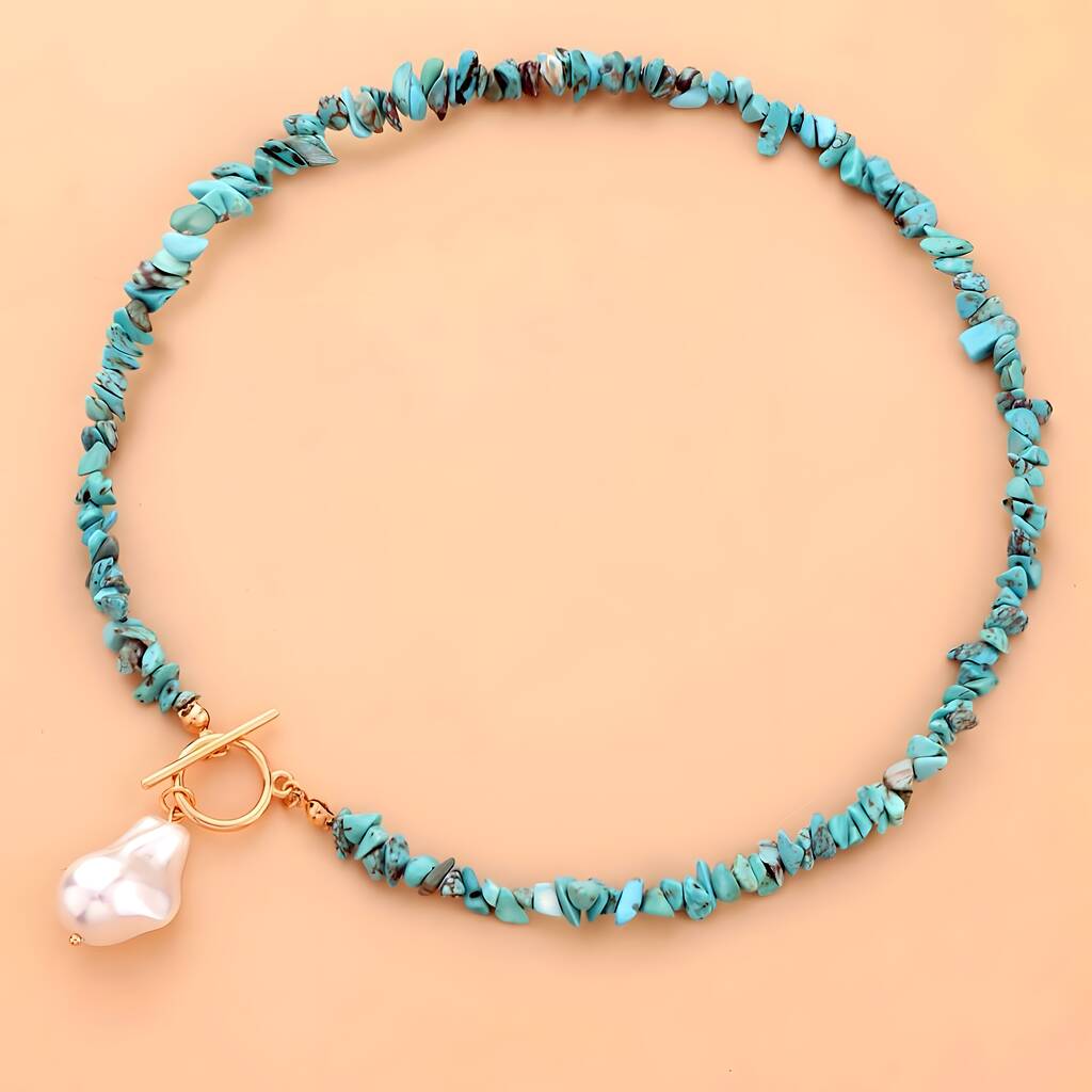 Pearly Flower Beaded Necklace Turquoise