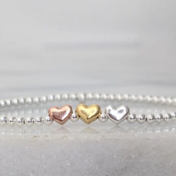 Sterling Silver Three Heart Beaded Stretch Bracelet, 4 of 7