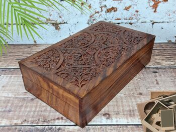 Wooden 5th Anniversary Gift For Her; Floral Daisy Carved Wooden Box, 2 of 7