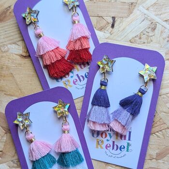 Purple Tassel Dangly Star Christmas Earrings, 3 of 4