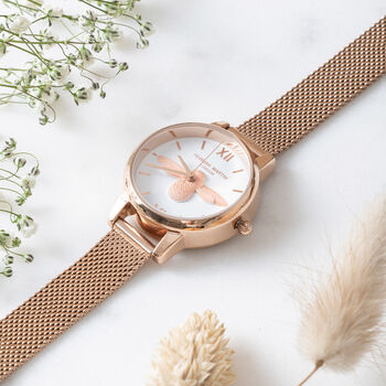 Personalised Rose Gold Plated Bee Watch With White Face, 7 of 10