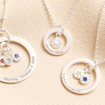 Personalised Name Sterling Silver Family Ring And Birthstone Charm Necklace, 2 of 7