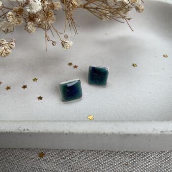 Green Blue Crackle Glaze Ceramic Square Studs, 4 of 9