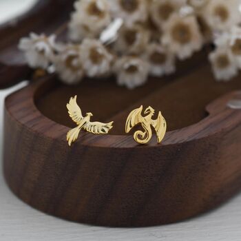 Mismatched Dragon And Phoenix Stud Earrings In Sterling Silver, 3 of 10