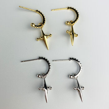 Sterling Silver Dagger Cross Dangle Hoop Earrings, 3 of 4