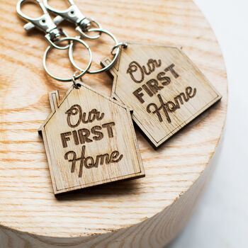 Our First Home Engraved Wooden Oak Keyring Set, 4 of 7