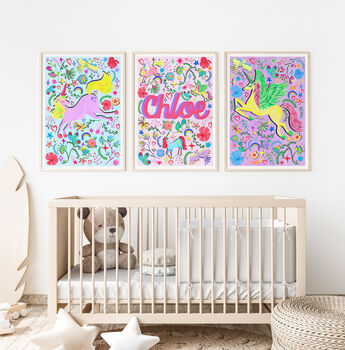 Personalised Purple Unicorn Name Print | Hand Painted Unicorn Nursery Wall Art | Magical Baby Gift, 2 of 10