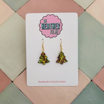 Green And Red Christmas Tree Glitter Resin Earrings / Traditional Holiday Jewellery / Christmas Gift / Secret Santa Gift, 6 of 10