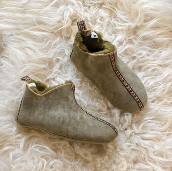 Miko Olive Sheepskin Slippers/ Yoga Shoes/ Embroidered Trim, 3 of 8