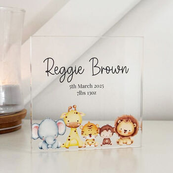 Personalised Safari Animal Acrylic Keepsake Block New Baby, 3 of 6