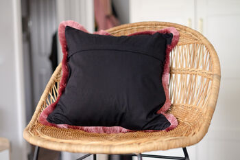 Black And Pink Fringed Floral Cushion, 3 of 3