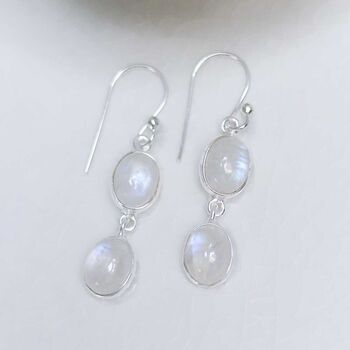 Sterling Silver Double Moonstone Dangly Oval Earrings, 2 of 3
