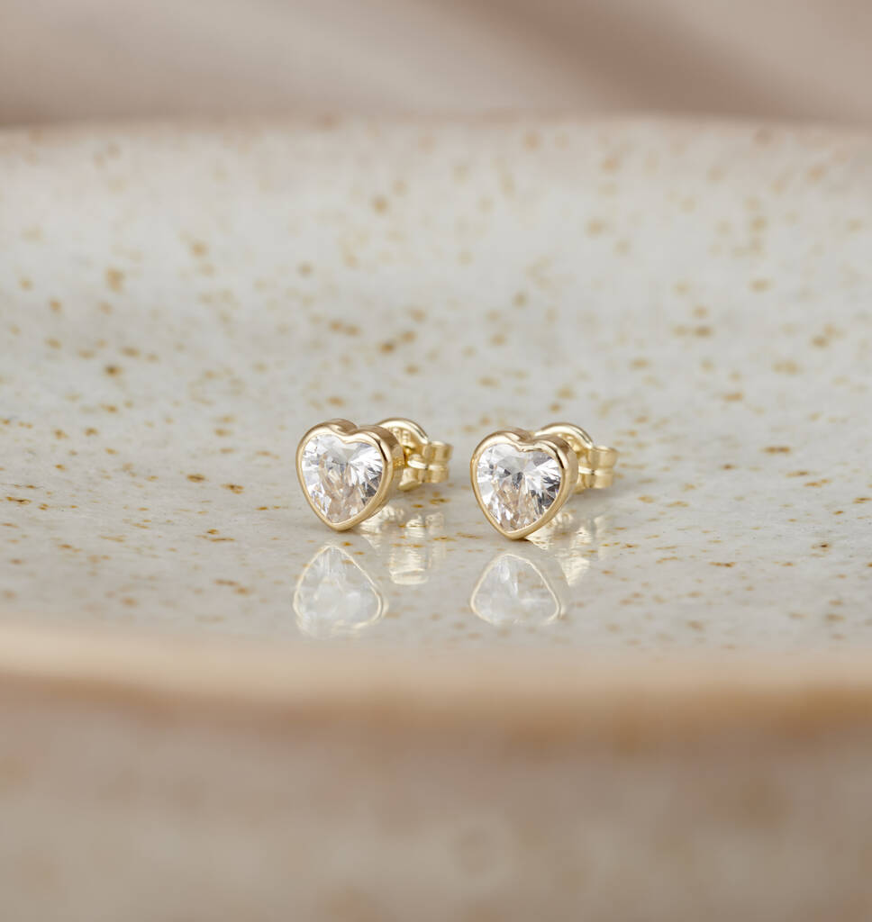 Heart 9ct Gold Stud Earrings With Cubic Zirconia By Posh Totty Designs