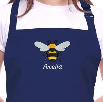 Personalised Embroidered Bee Apron In Navy Blue, 2 of 5