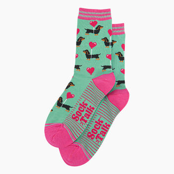 Women's Bamboo Socks Mint Sausage Dog Love Heart Balloon, 2 of 5