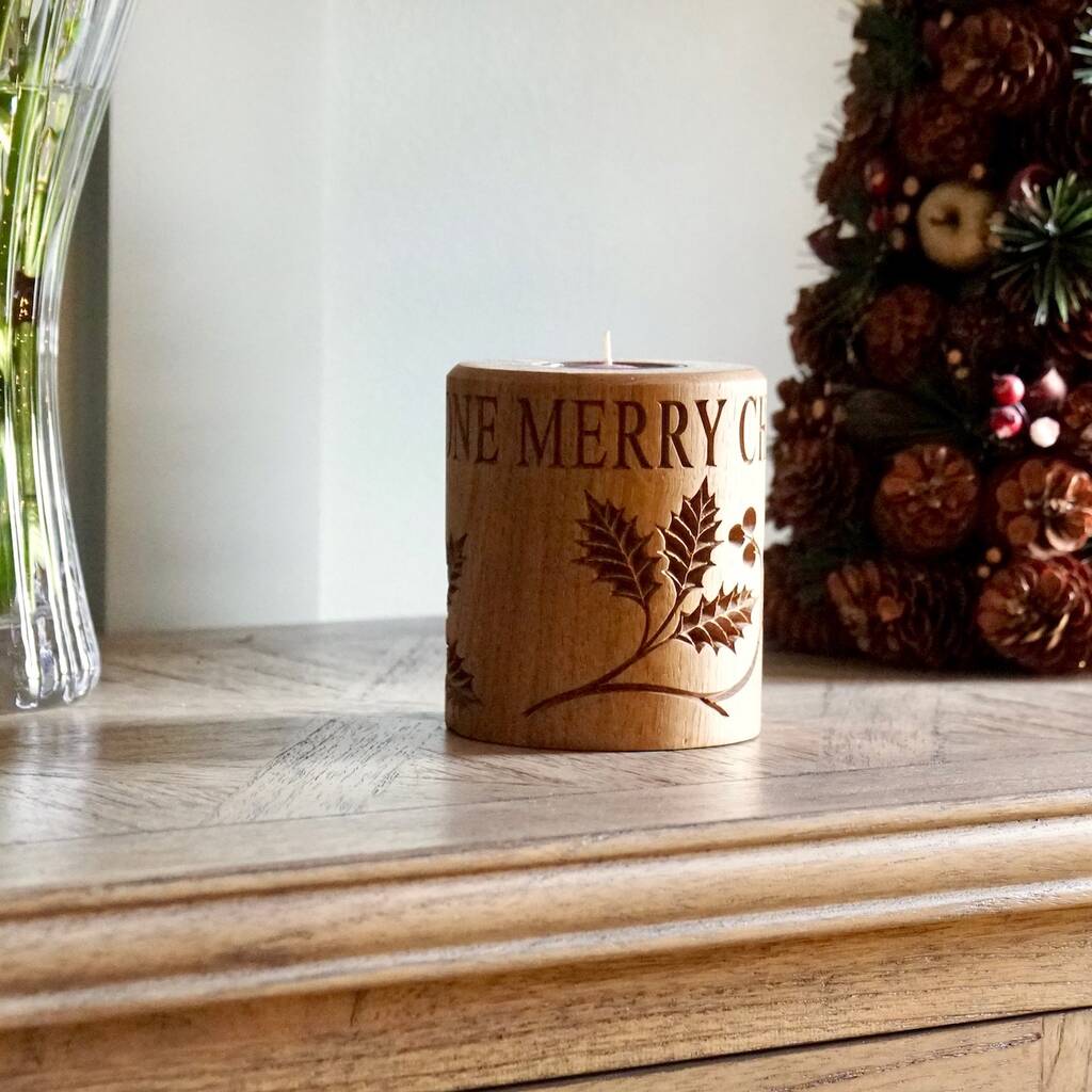 Engraved Oak Christmas Pillar Tea Light Candle Holder By Traditional