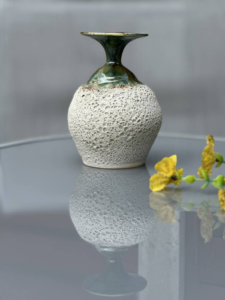 Handmade Porcelain Vase Textured White Lava Body With Glossy Green Glazed Neck, 1 of 4