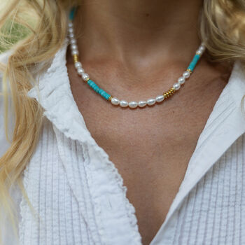 Pearl Necklace With Turquoise And Gold Filled Beads, 3 of 4