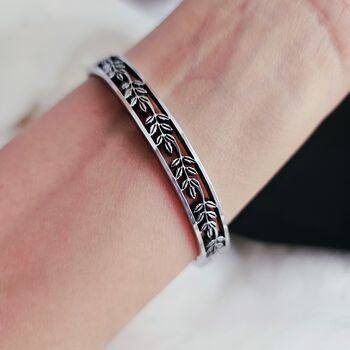 Leaf Cut Out Hinged Bangle 18 K Gold And Silver Plated Stainless Steel Bracelet Nature Inspired Jewellery Gift For Her, 3 of 6