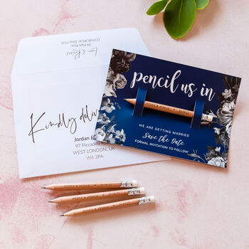 Save The Date Pencil Us In With Navy Floral Card, 4 of 5