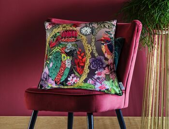 Signature Tropical Birds Dressed Up Bright Colourful Tropical Flowers Blue Parrot Luxury Velvet Cushion, 5 of 9