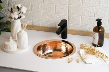 Round Hammered Solid Copper Kitchen And Bathroom Sink – Drop In Or Undermount Model, 3 of 5