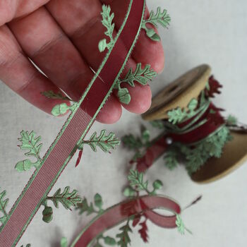 Red Acorn Ribbon With Green Leaves. Five Or 10 Meters, 3 of 6