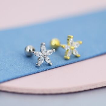 Sterling Silver Cz Flower Barbell Earrings, 8 of 12