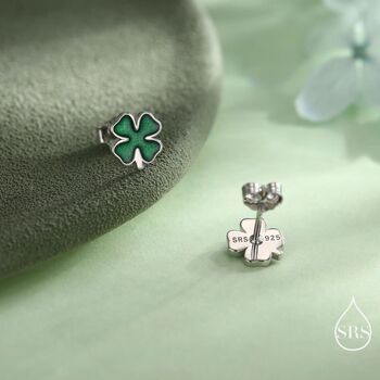 Sterling Silver Four Leaf Clover Enamel Stud Earrings, 4 of 12