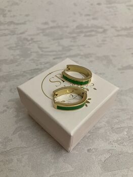 Gold Plated Green Colour Block Hoop Earrings, 2 of 3