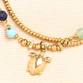 Semi Precious Beaded Blue Turtle Charm Bracelet In Gold, 2 of 2