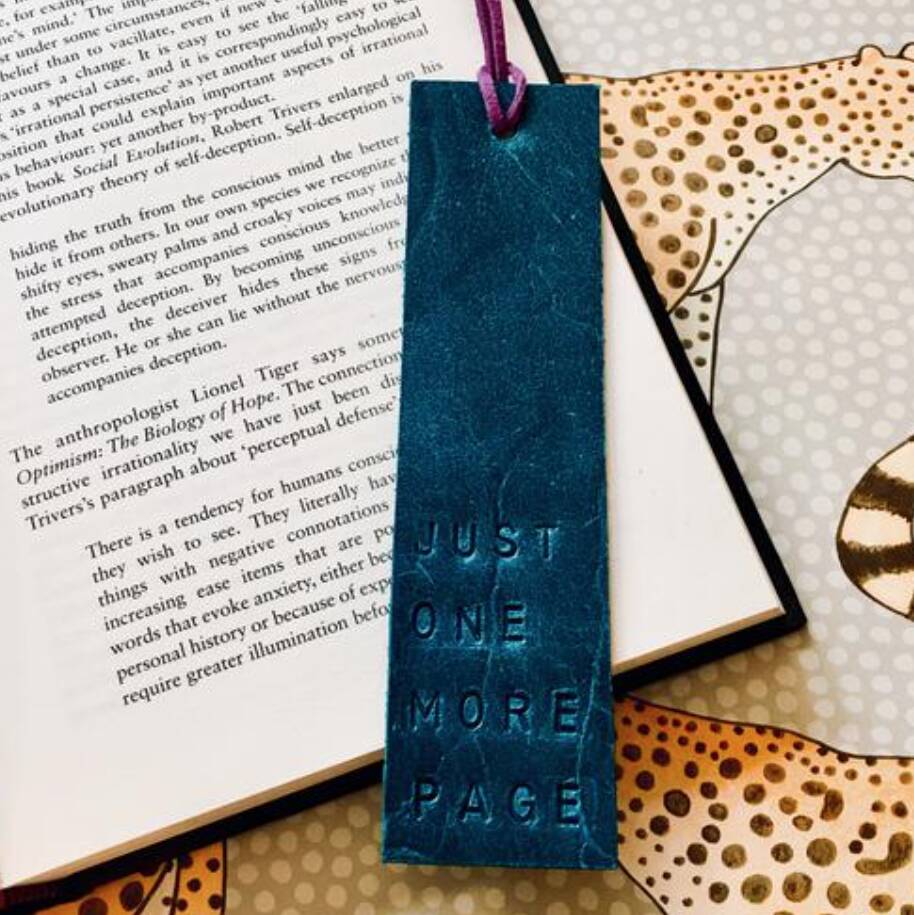 'Just One More Page' Embossed Leather Bookmark, 1 of 3