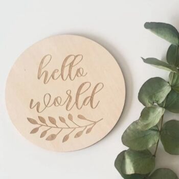 Wooden Baby Announcement Hello World Engraved Sign, 4 of 9