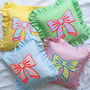 Frilled Striped Cotton Bow Cushion, thumbnail 1 of 10