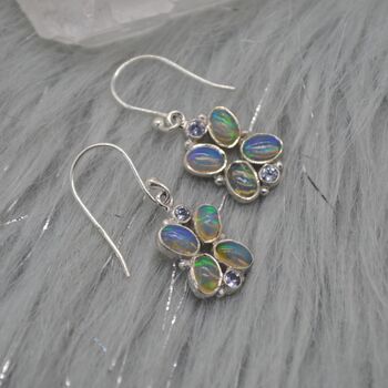Floral Blue Opal Earrings: Silver, Cubic Zirconia, Dangle Drop, October Birthstone, 3 of 6